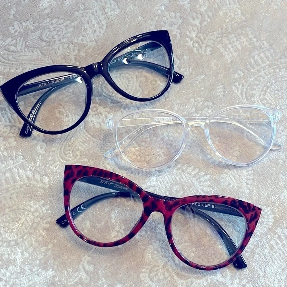 Brand New Betsey Johnson Set of 3 Blue Light Blocking Computer Glasses Cat Eye